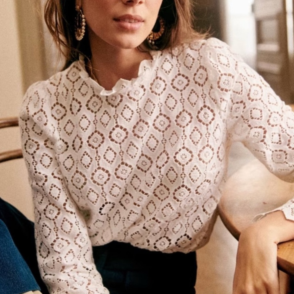 💐 New Sezane Eglatine White Lace Blouse - FR 34/US 2